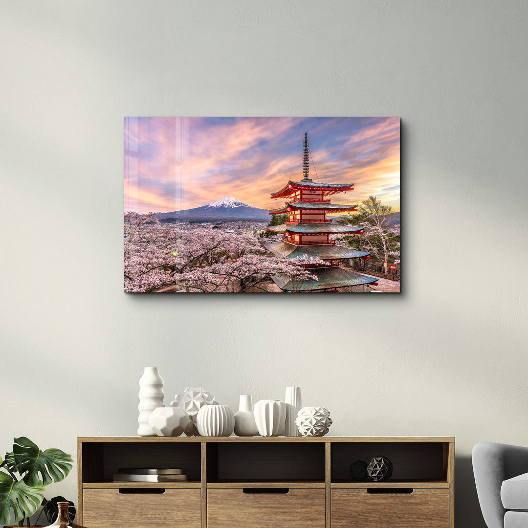・"Fujiyoshida, Japan at Chureito Pagoda and Mt. Fuji in the spring with cherry blossoms"・Glass Wall Art - ArtDesigna Glass Printing Wall Art
