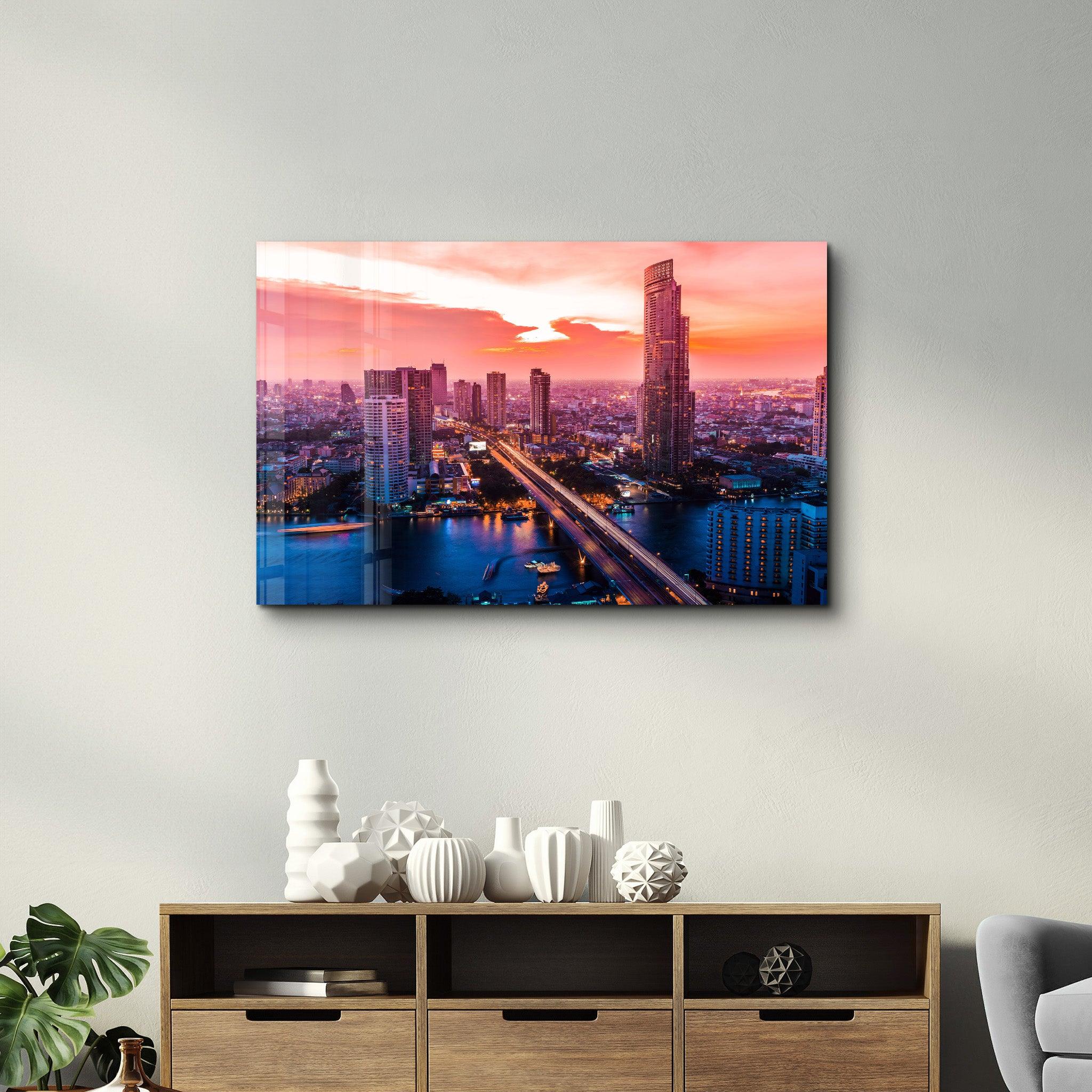Beautiful cityscape Bangkok business district and residential. In the twilight, Thailand | Glass Wall Art - ArtDesigna Glass Printing Wall Art