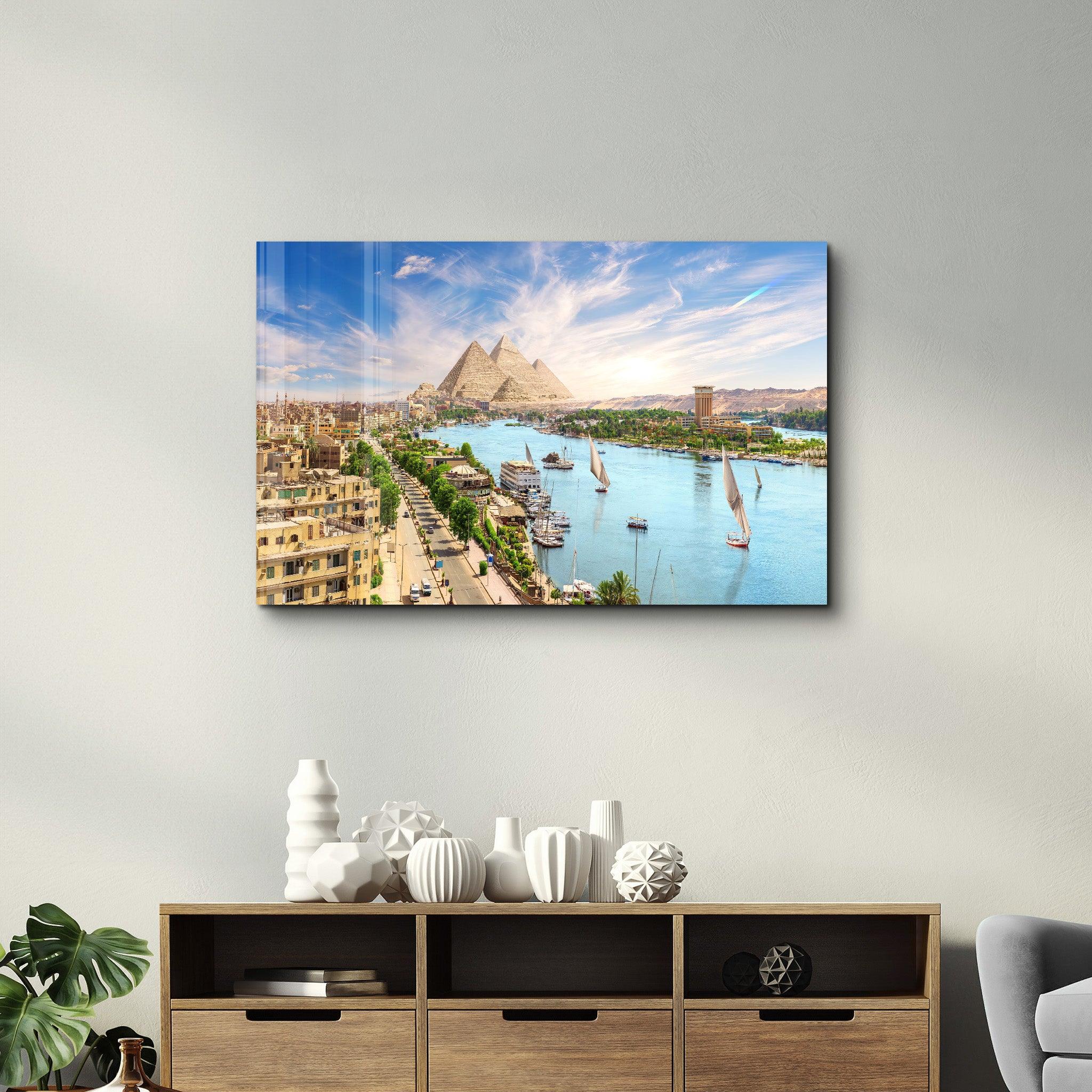 Pyramid Complex in Aswan city by the Nile, aerial view, Egypt | Glass Wall Art - ArtDesigna Glass Printing Wall Art