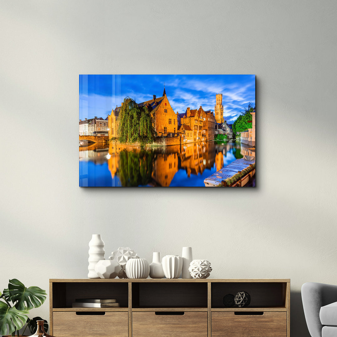 ・"Bruges, Belgium. The Rozenhoedkaai canal in Bruges with the Belfry"・Glass Wall Art - ArtDesigna Glass Printing Wall Art