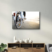 Riding A Bike On The Calm Beach | Glass Wall Art - ArtDesigna Glass Printing Wall Art