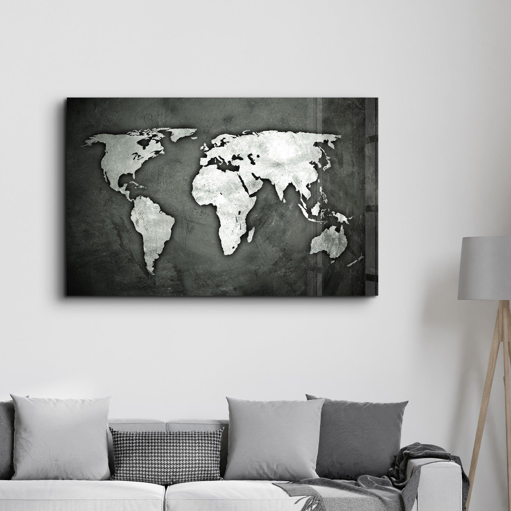 Silver Gray World Map | Glass Wall Art | Artdesigna