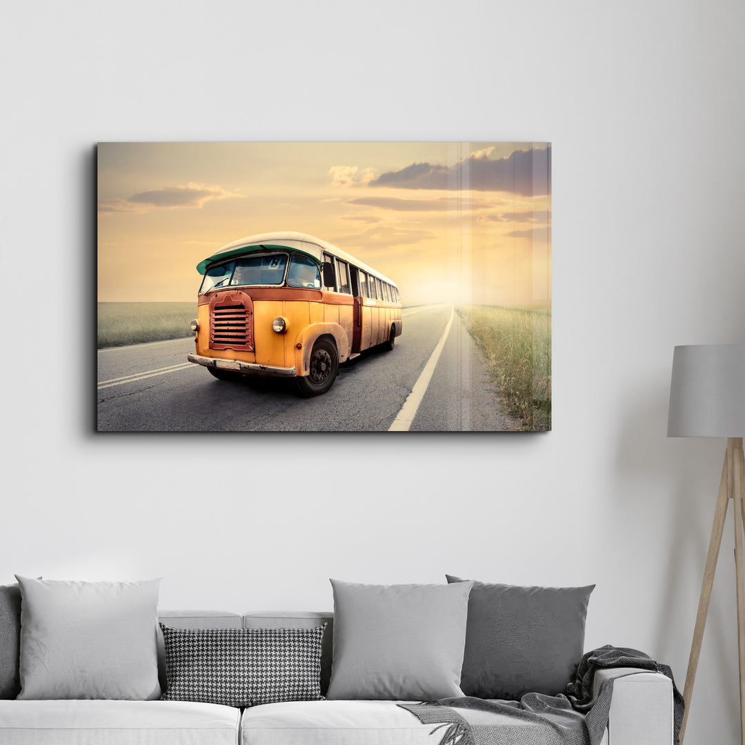 ・"The Vintage Bus With Sunset"・Glass Wall Art - ArtDesigna Glass Printing Wall Art