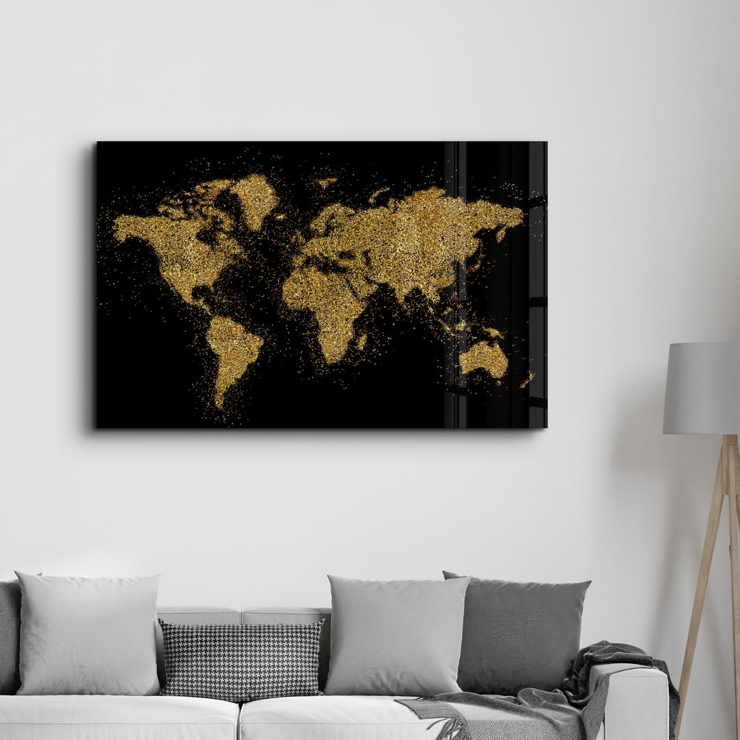 ・"World Map In Golden"・Glass Wall Art - ArtDesigna Glass Printing Wall Art