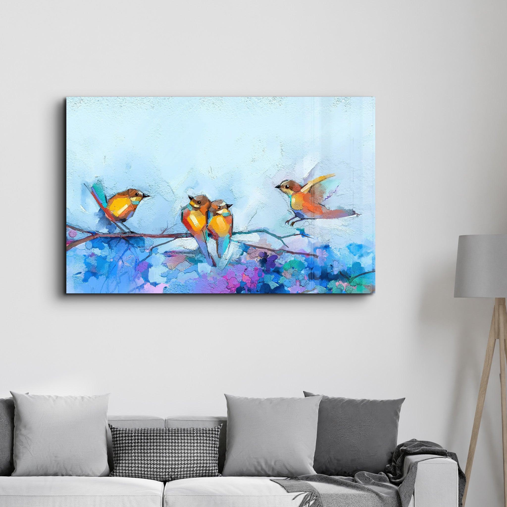 Birds With Flower Painting | Glass Wall Art - ArtDesigna Glass Printing Wall Art