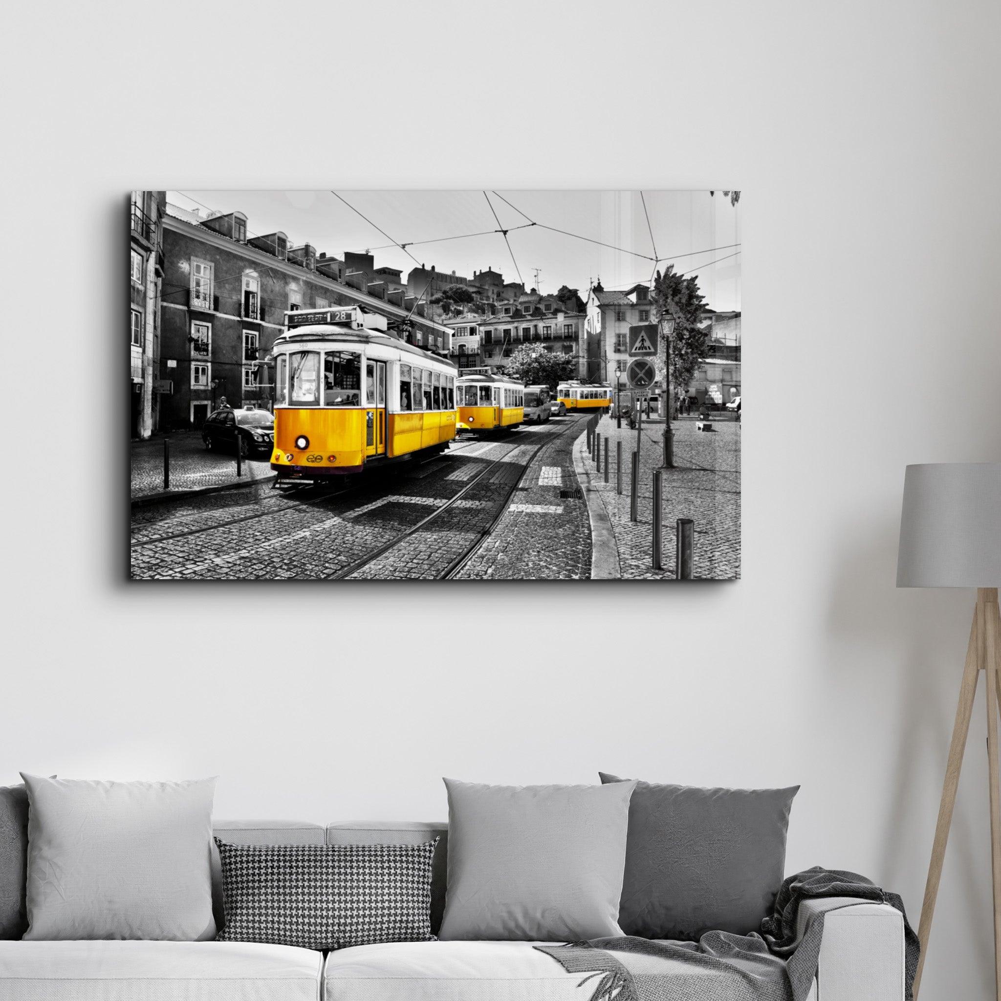 Yellow Tram (Lisbon) | Glass Wall Art - ArtDesigna Glass Printing Wall Art