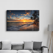 Golden Horizon: Tranquil Shores | Glass Wall Art - Artdesigna