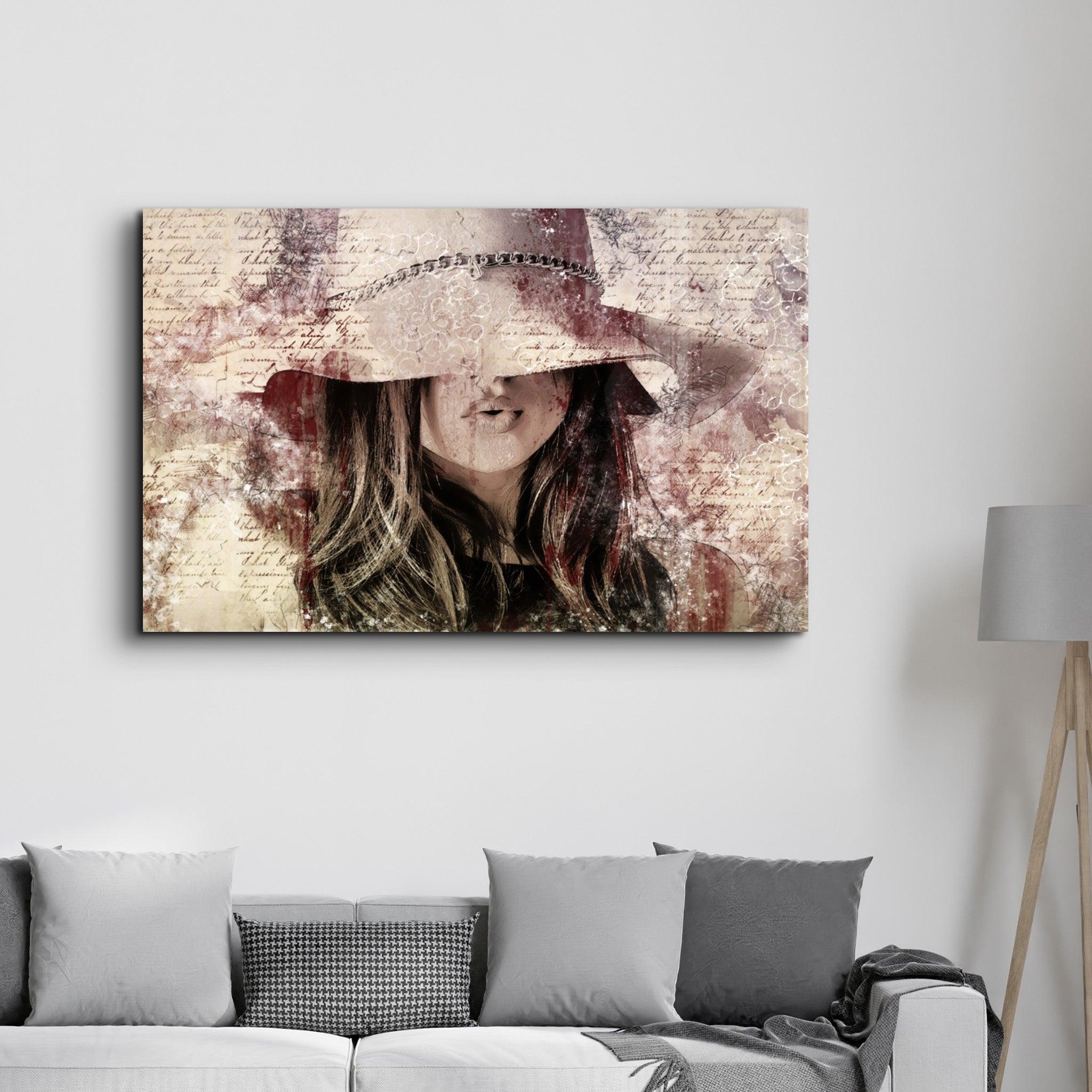 Girl in Retro Hat | Glass Wall Art - ArtDesigna Glass Printing Wall Art