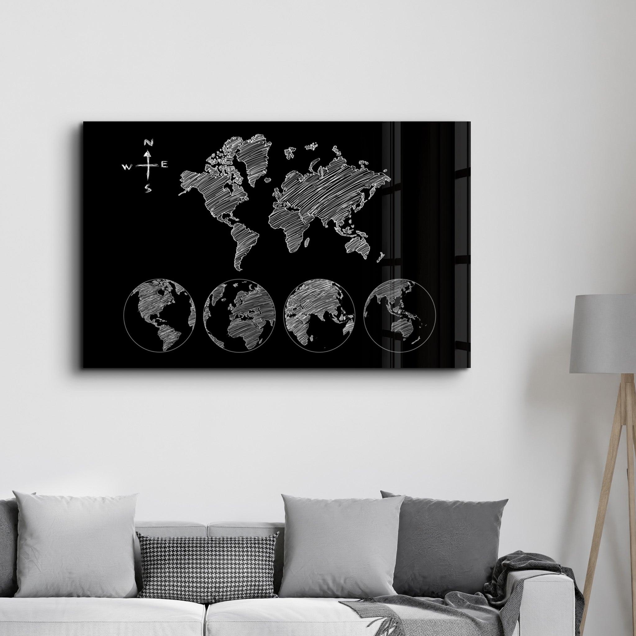 World Map Black-White | Glass Wall Art - ArtDesigna Glass Printing Wall Art