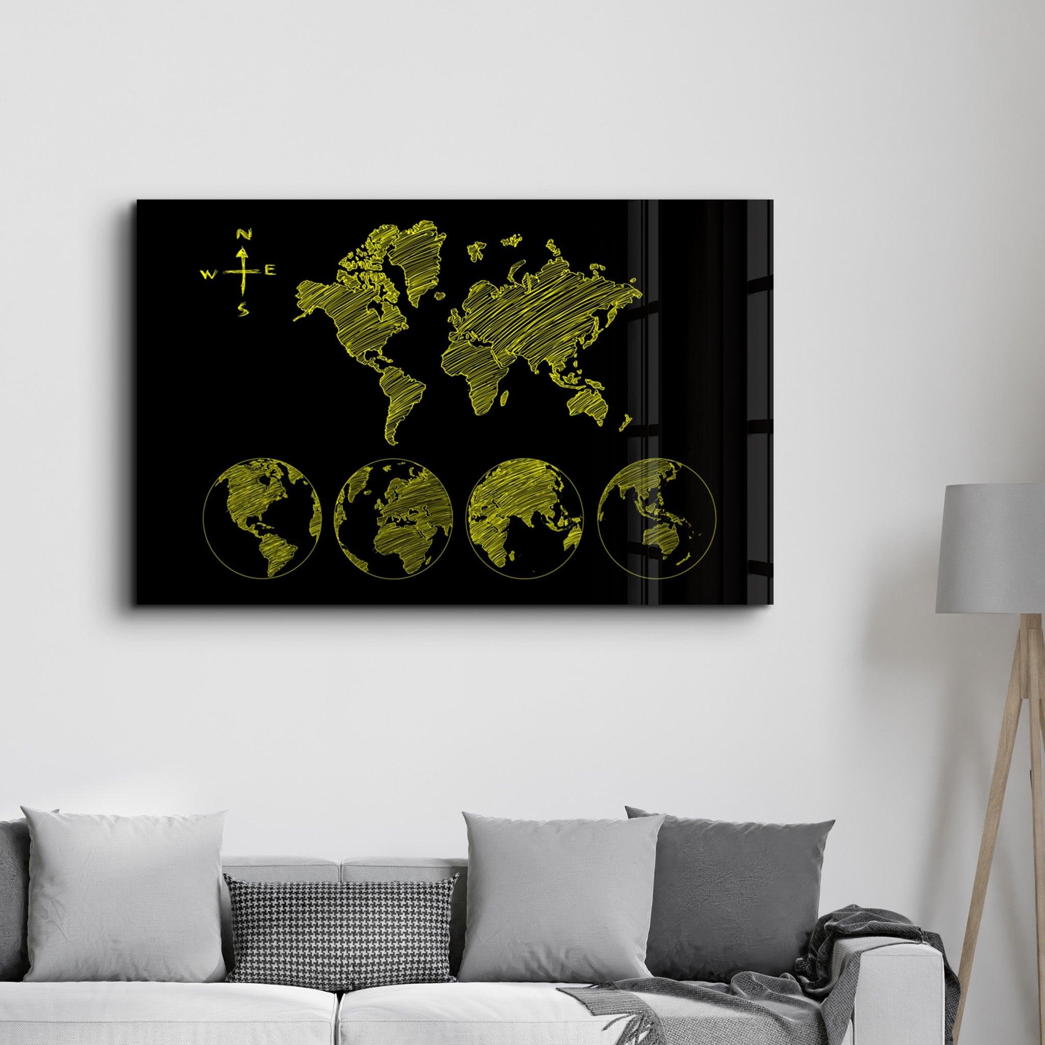 World Map Black-Yellow | Glass Wall Art - ArtDesigna Glass Printing Wall Art
