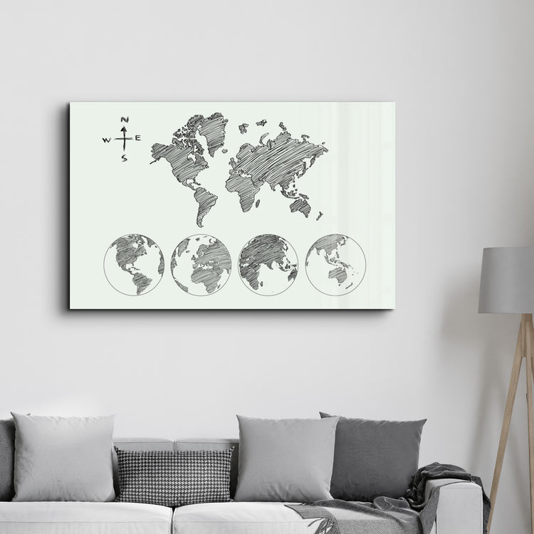 ・"World Map White-Black"・Glass Wall Art - ArtDesigna Glass Printing Wall Art