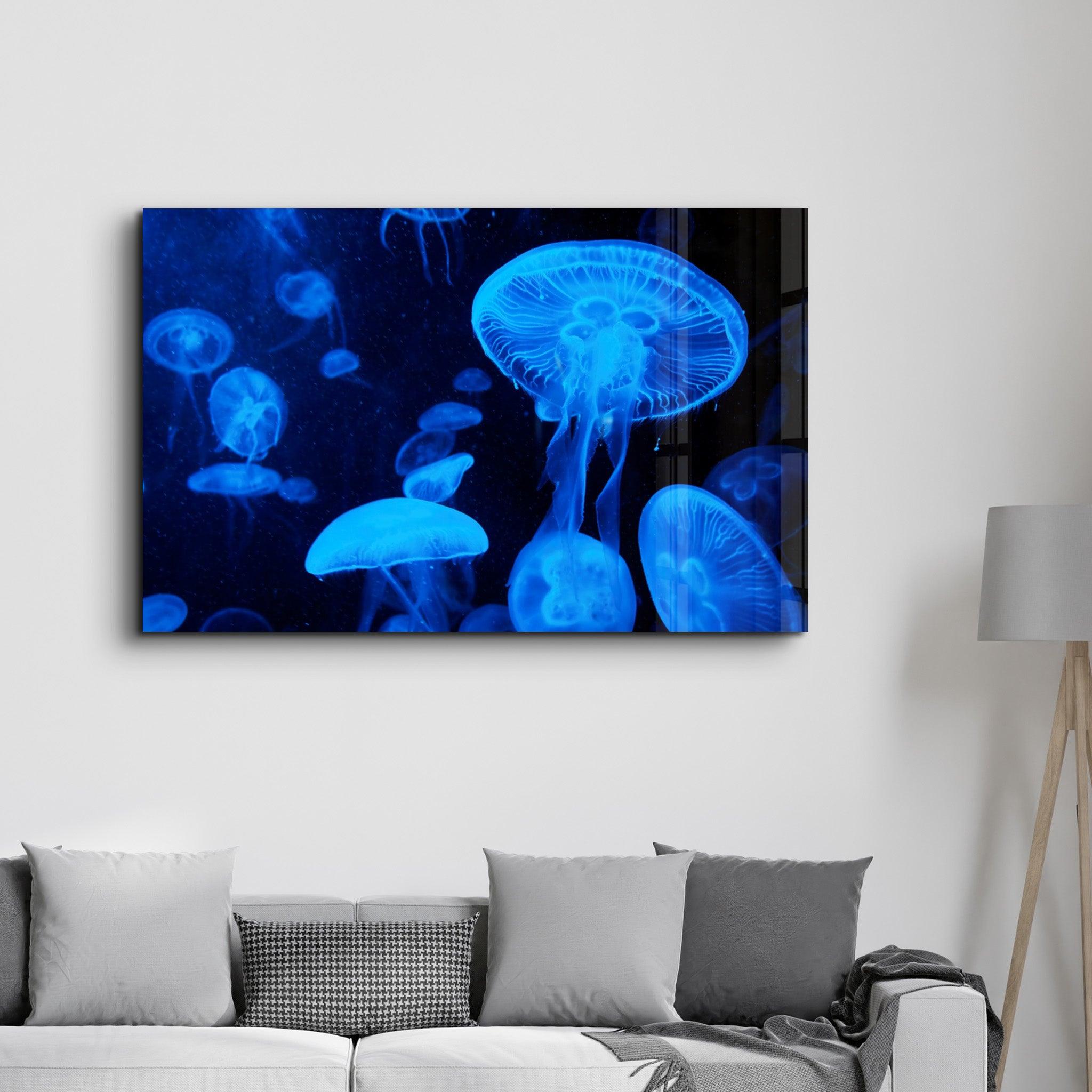 Blue Jellyfish | Glass Wall Art - Artdesigna