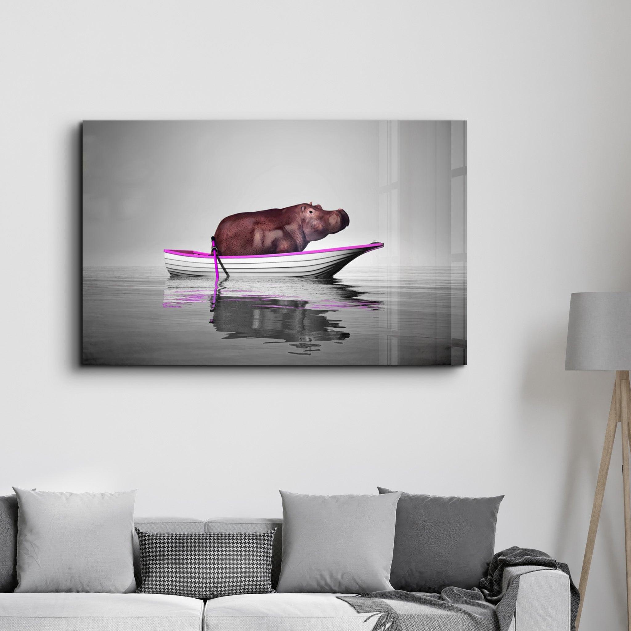 Hippo on the Boat 2 | Glass Wall Art - ArtDesigna Glass Printing Wall Art