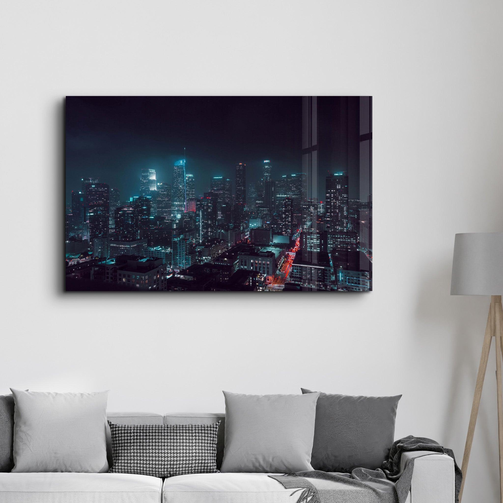 Los Angeles Skyline at Night Glass Wall Art – Artdesigna