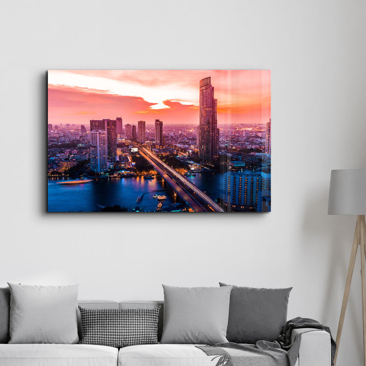 ・"Beautiful cityscape Bangkok business district and residential. In the twilight, Thailand"・Glass Wall Art - ArtDesigna Glass Printing Wall Art