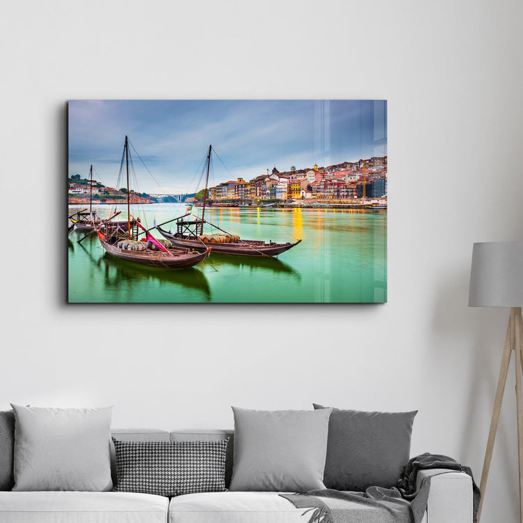 ・"Porto, Portugal old town cityscape on the Douro River with traditional Rabelo boats."・Glass Wall Art - ArtDesigna Glass Printing Wall Art