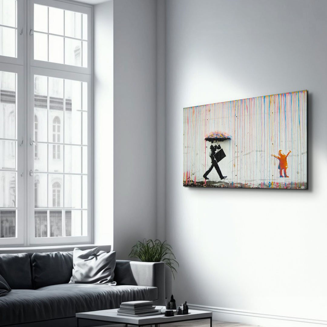 Banksy Umbrella Man Rainbow Rain Girl Glass Wall Art - ArtDesigna Glass Printing Wall Art
