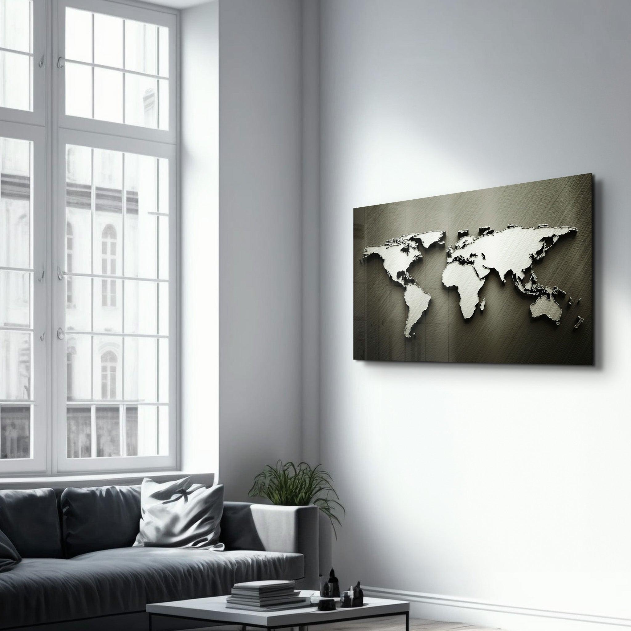 Metallic World Map | Glass Wall Art - ArtDesigna Glass Printing Wall Art