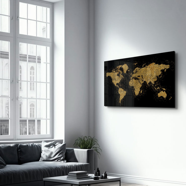・"World Map In Golden"・Glass Wall Art - ArtDesigna Glass Printing Wall Art