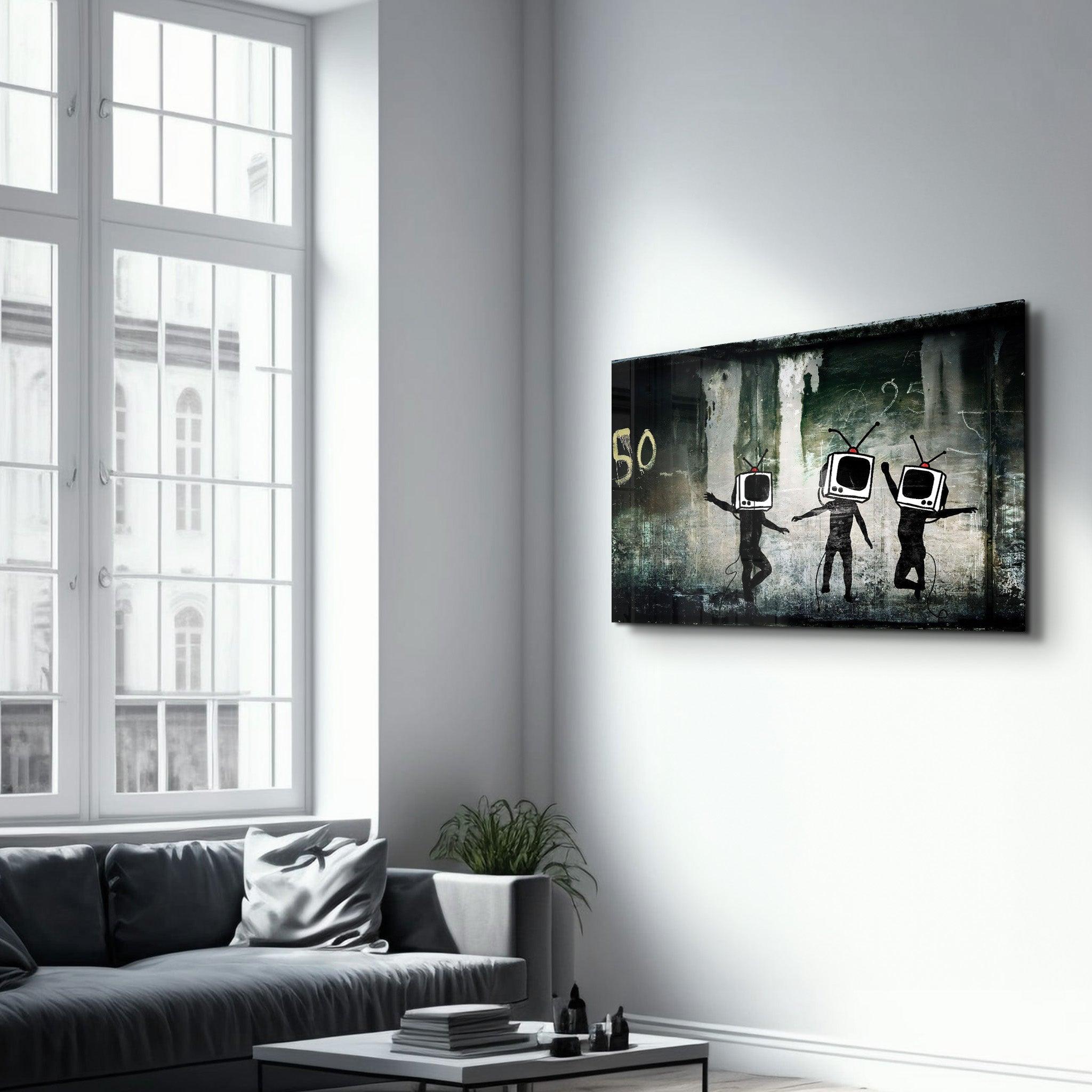 Banksy - Dancing TV | Glass Wall Art - ArtDesigna Glass Printing Wall Art