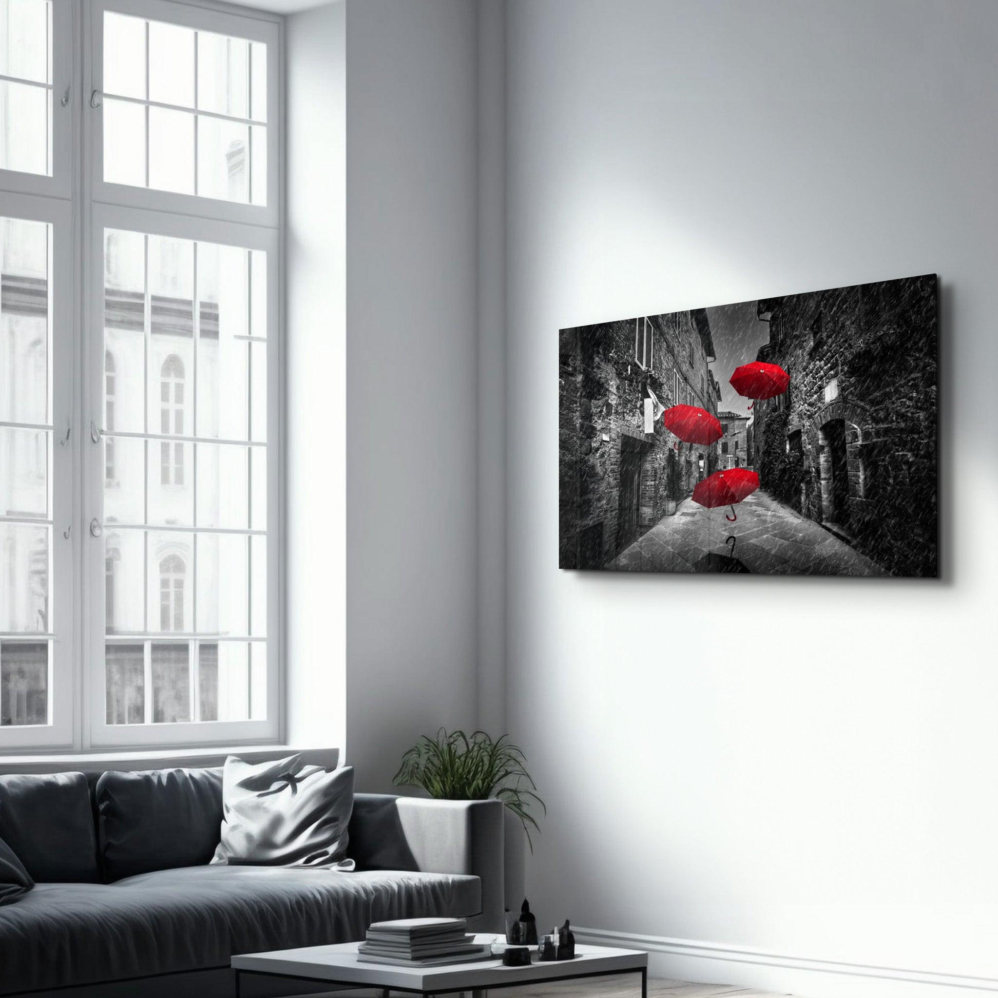Red Umbrellas | Glass Wall Art - ArtDesigna Glass Printing Wall Art