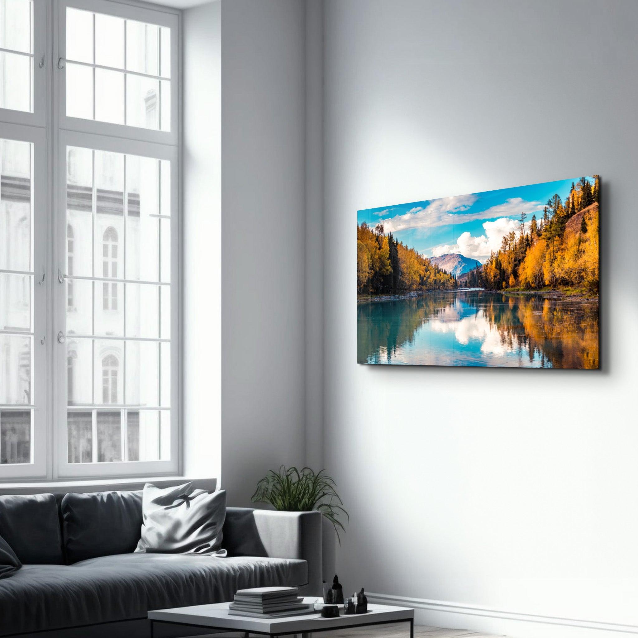 The Reflection in the Calm River | Glass Wall Art - Artdesigna