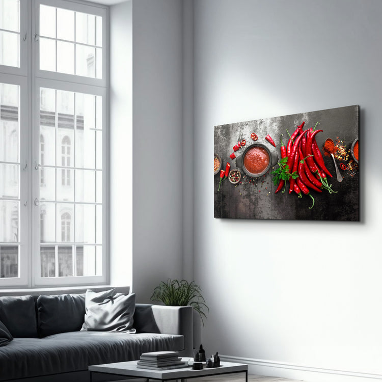 ・"Red Peppers and Sauce"・Glass Wall Art - ArtDesigna Glass Printing Wall Art
