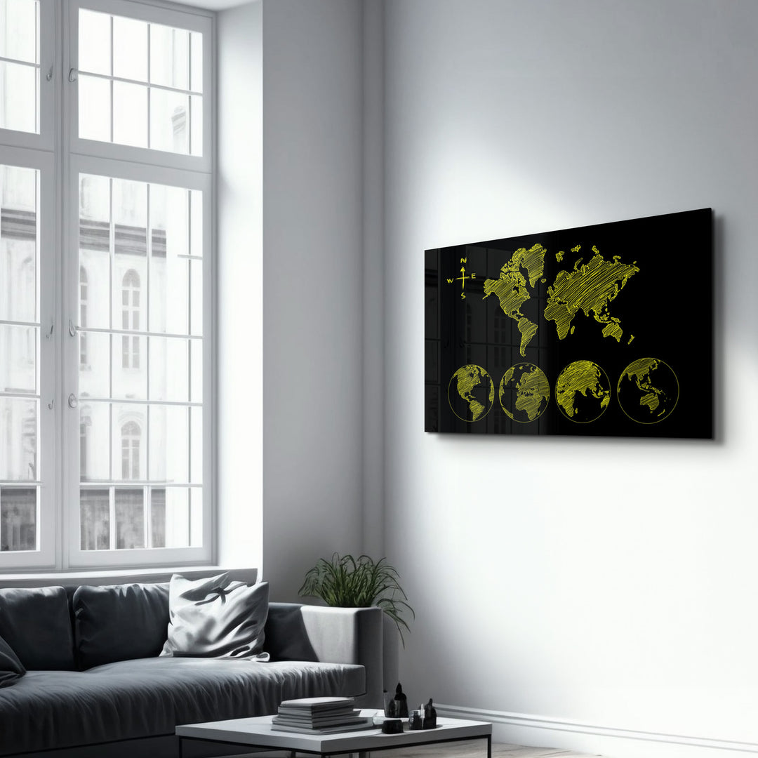 ・"World Map Black-Yellow"・Glass Wall Art - ArtDesigna Glass Printing Wall Art