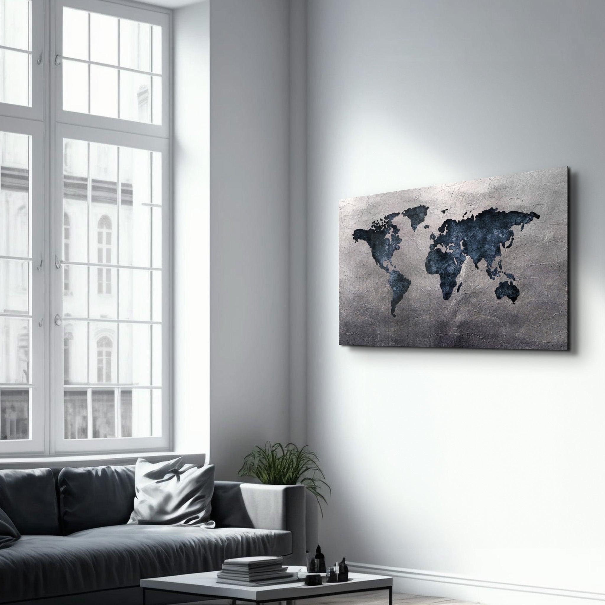 World Map Blue-Silver2 | Glass Wall Art - ArtDesigna Glass Printing Wall Art