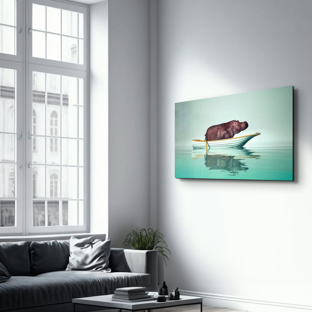 ・"Hippo on the Boat 1"・Glass Wall Art - ArtDesigna Glass Printing Wall Art
