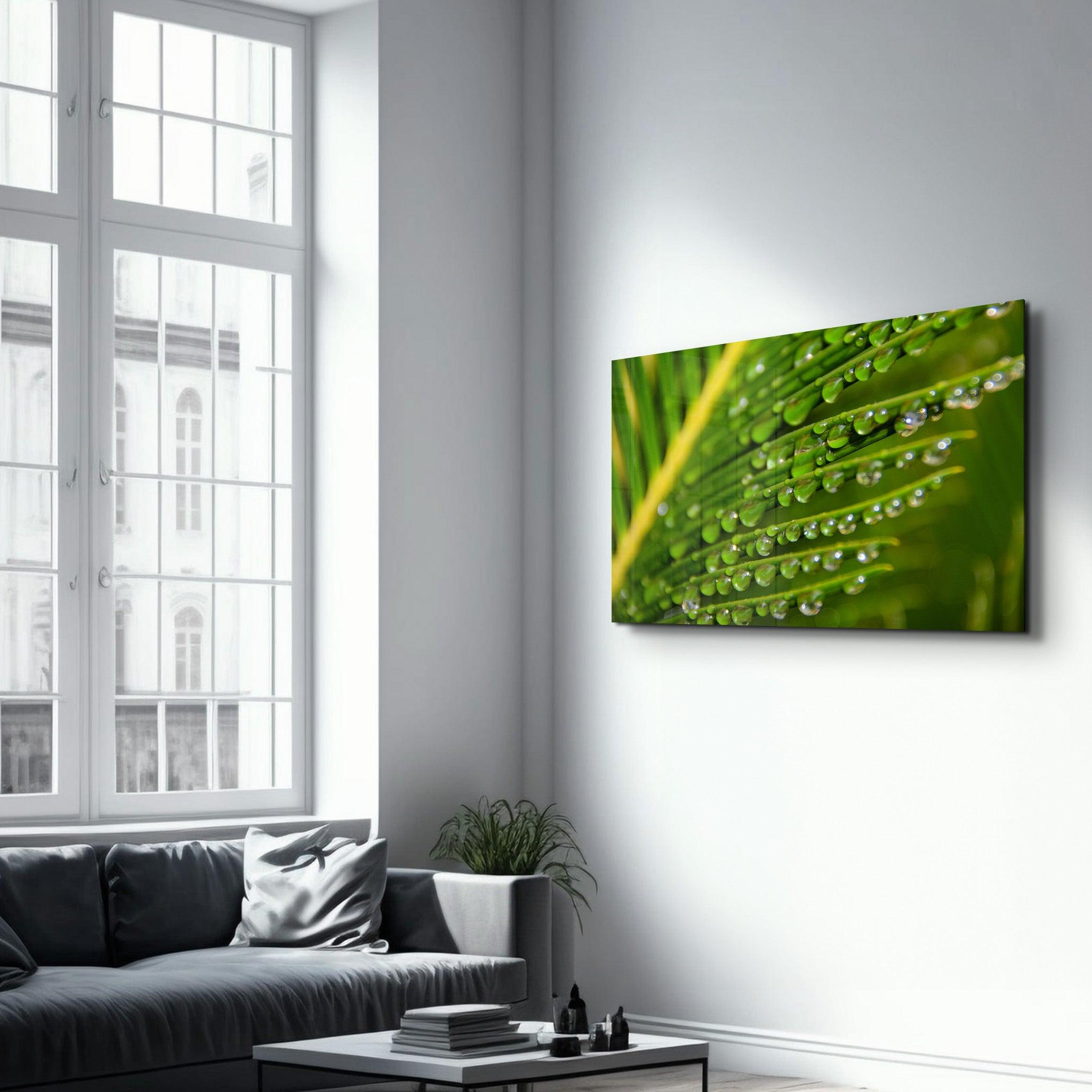 Green Leaves with Water Drops | Glass Wall Art - ArtDesigna Glass Printing Wall Art