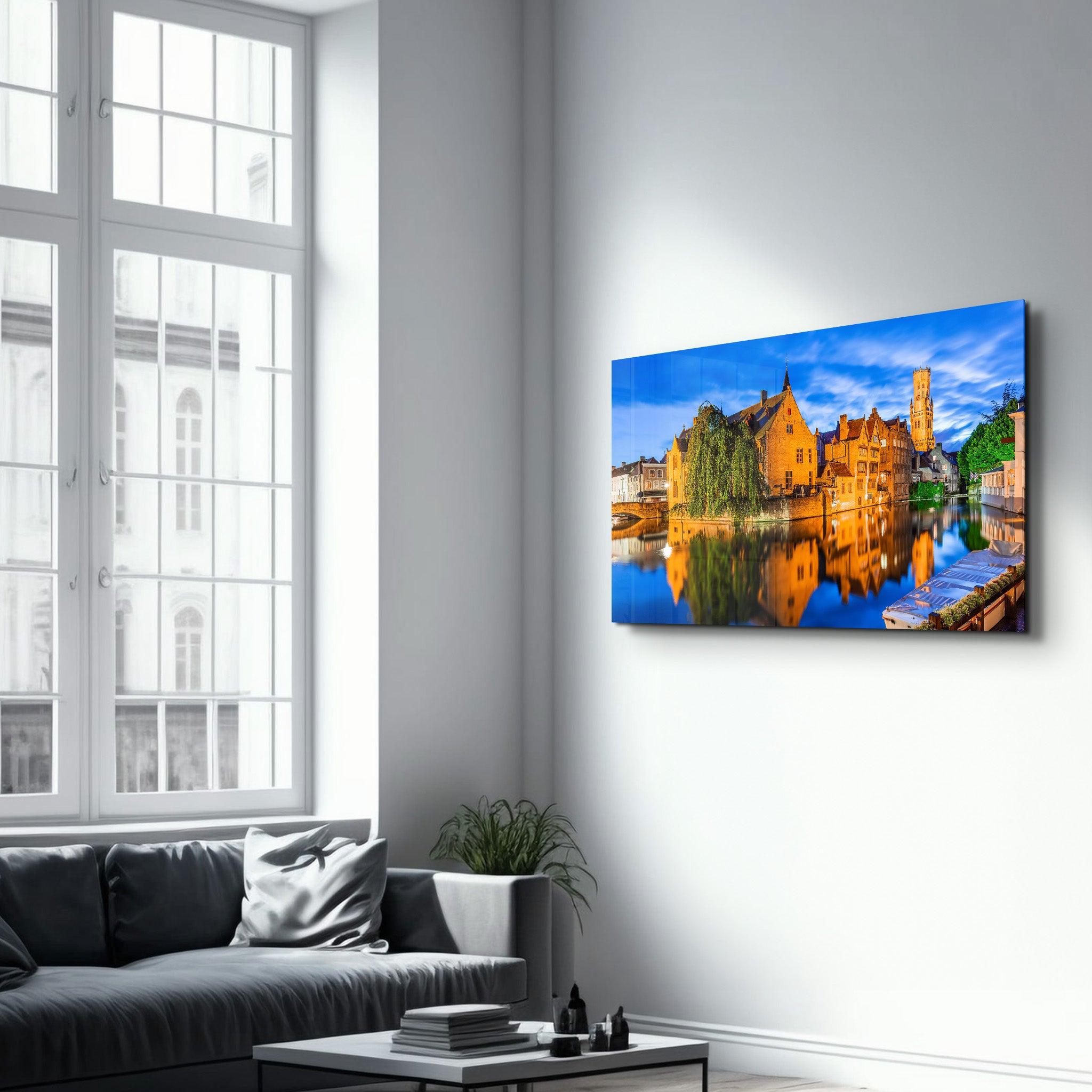 Bruges, Belgium. The Rozenhoedkaai canal in Bruges with the Belfry | Glass Wall Art - ArtDesigna Glass Printing Wall Art