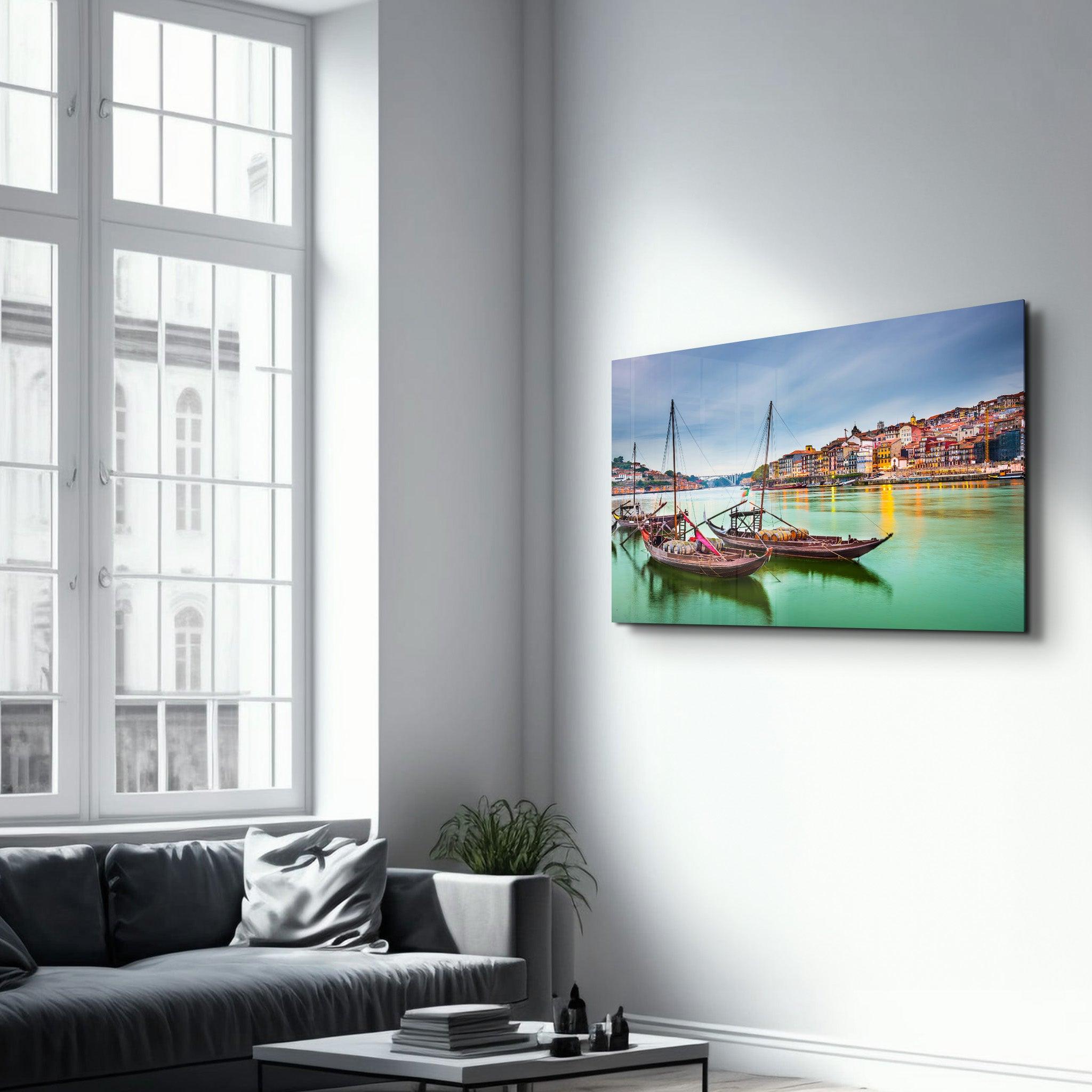 Porto, Portugal old town cityscape on the Douro River with traditional Rabelo boats. | Glass Wall Art - ArtDesigna Glass Printing Wall Art