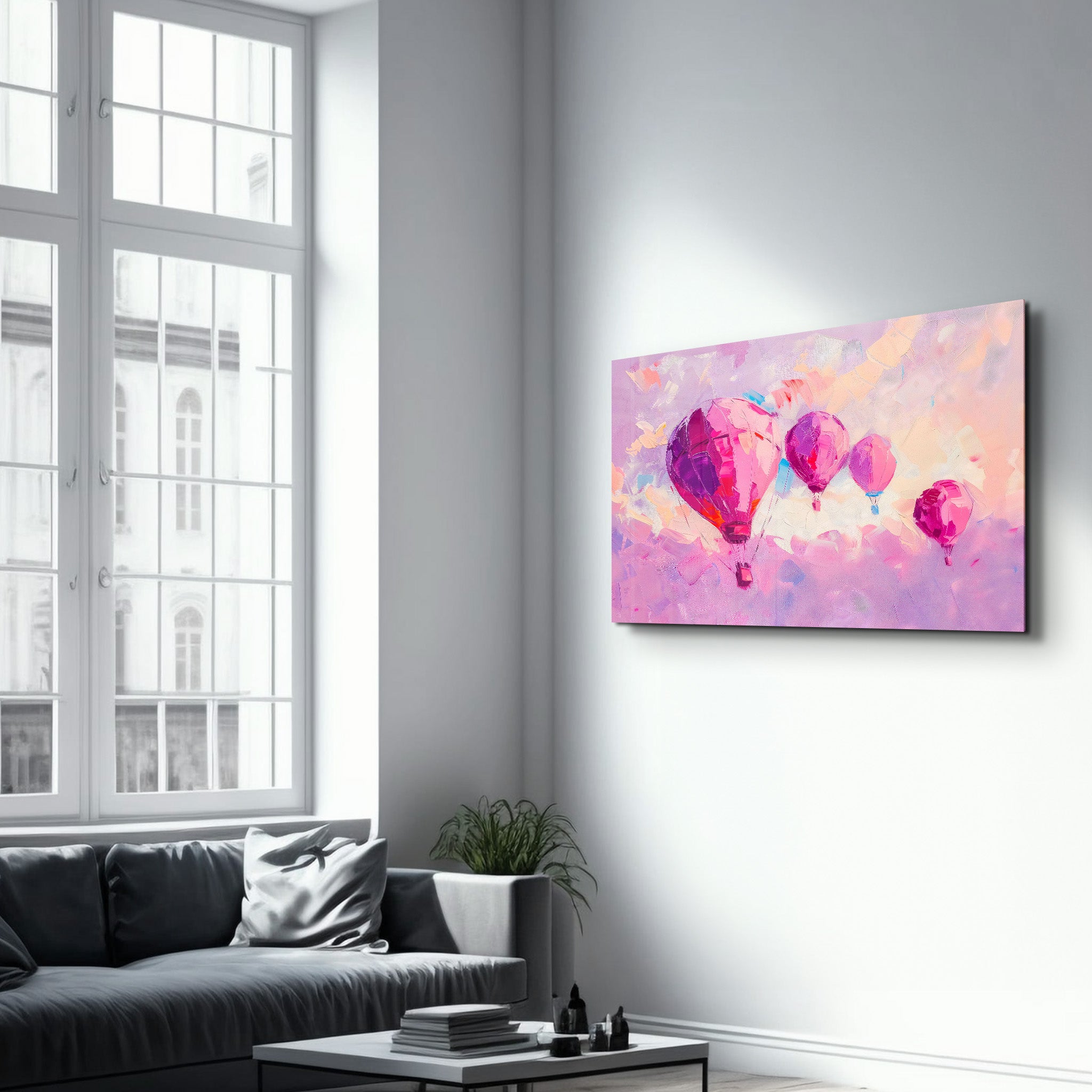 Pink Baloons Oil Painting - Glass Wall Art