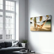 Hammock Under Palm Trees | Glass Wall Art - ArtDesigna Glass Printing Wall Art