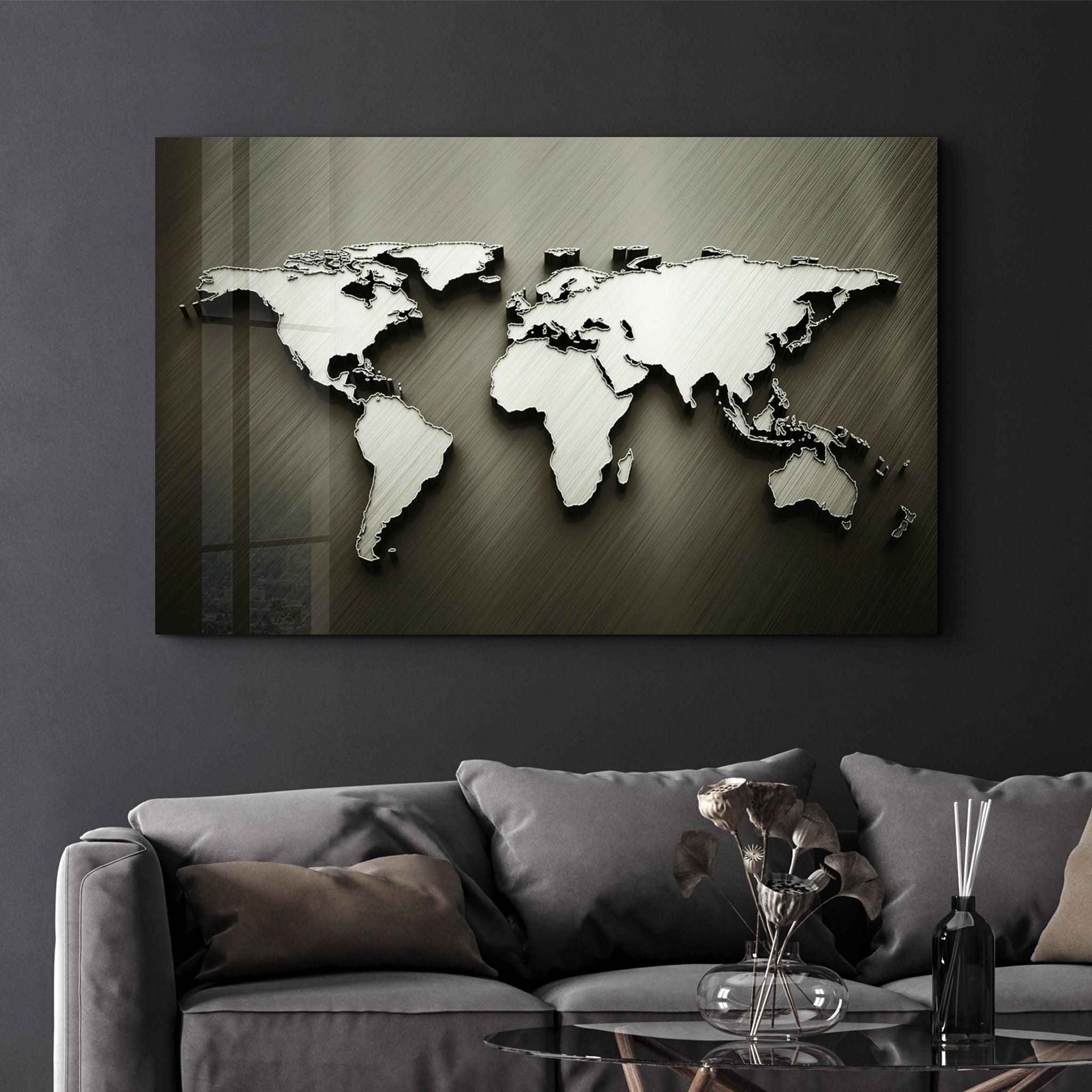 Metallic World Map | Glass Wall Art - ArtDesigna Glass Printing Wall Art