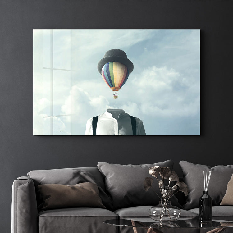 ・"Man With Hot Air Balloon Head"・Glass Wall Art - ArtDesigna Glass Printing Wall Art