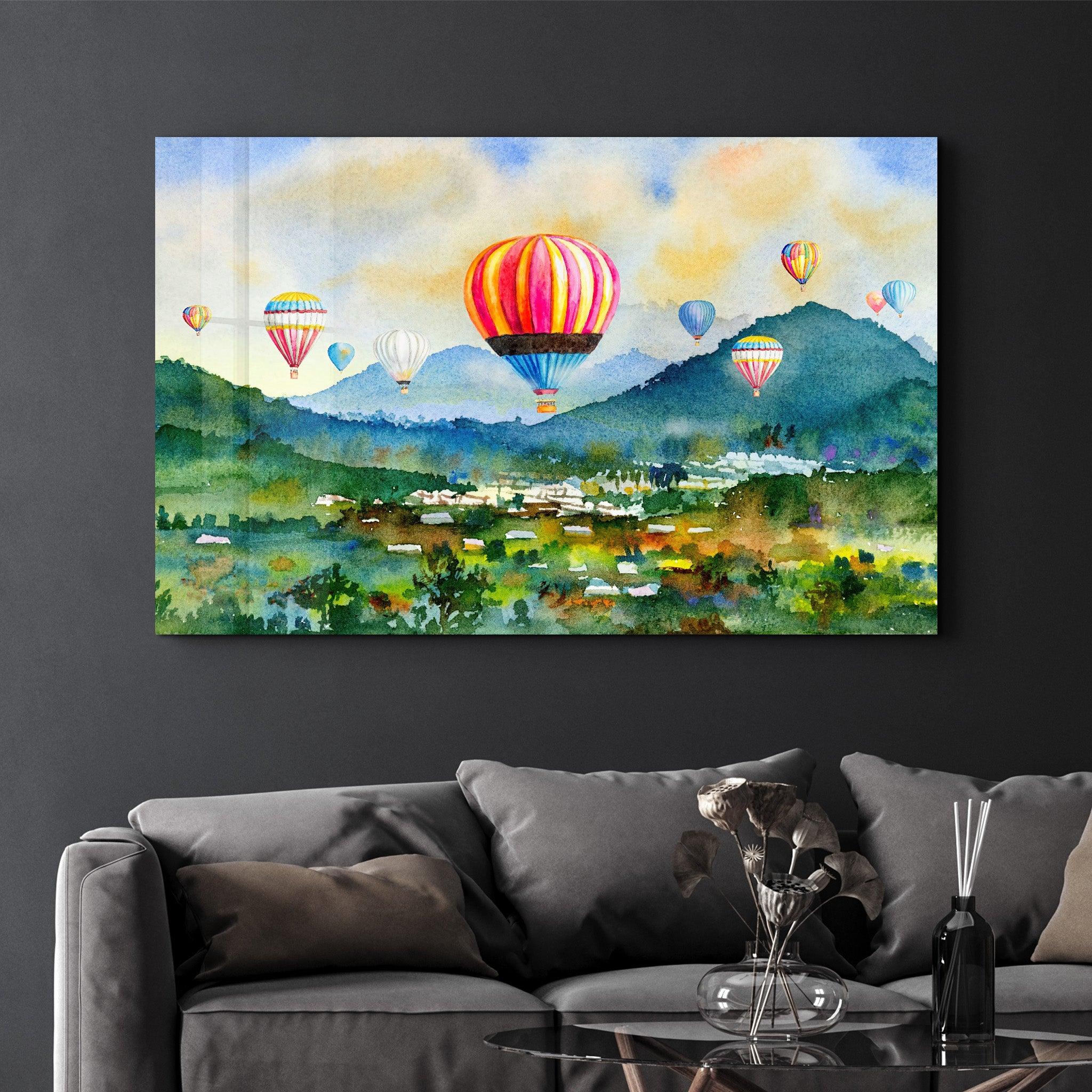 The Village Of Hot Air Balloon | Glass Wall Art - ArtDesigna Glass Printing Wall Art