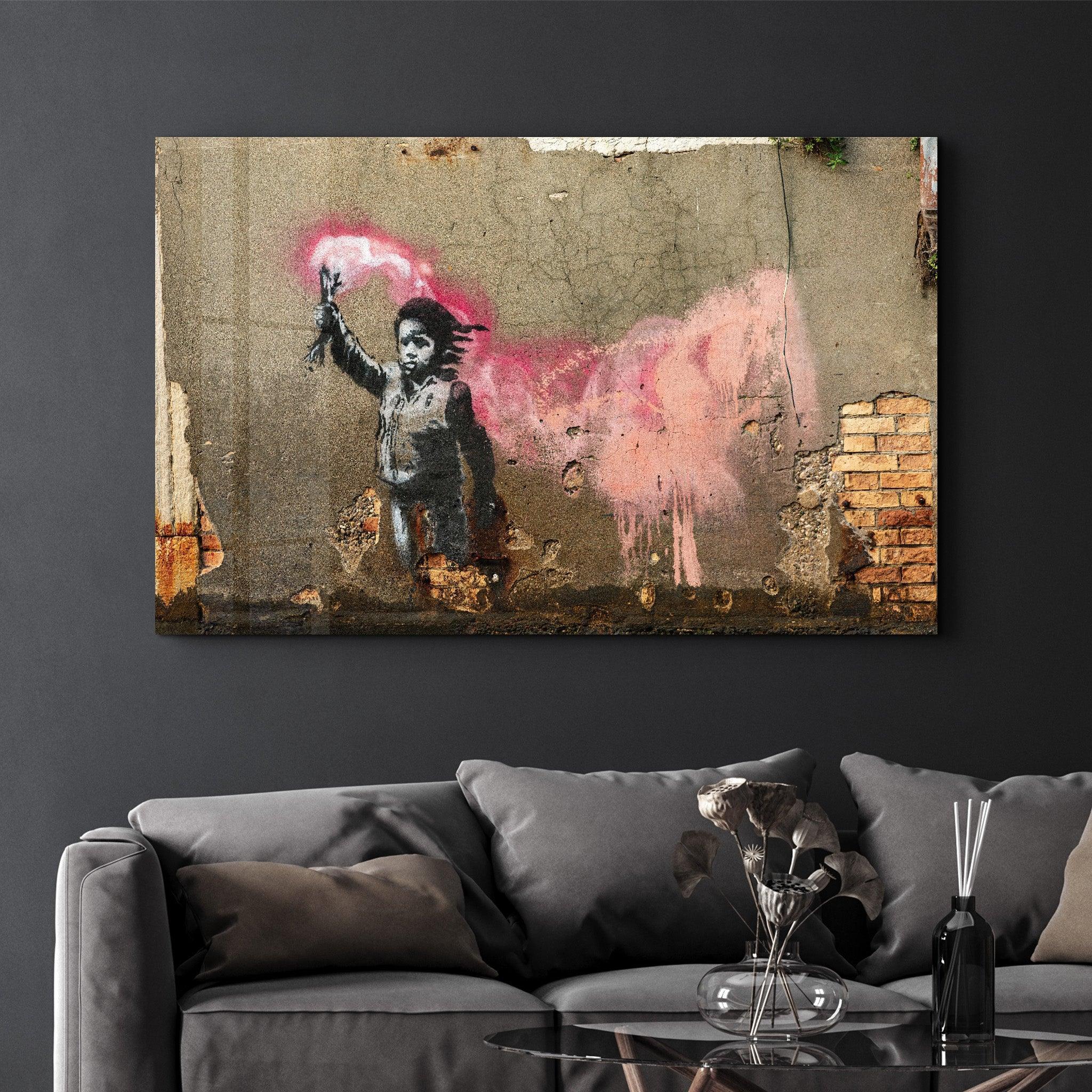 Banksy - A child with a life jacket | Glass Wall Art