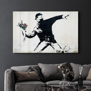 Banksy - Rioter Throwing a Flower Bouquet | Glass Wall Art - ArtDesigna Glass Printing Wall Art