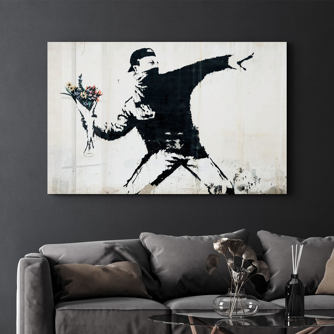 ・"Banksy - Rioter Throwing a Flower Bouquet"・Glass Wall Art - ArtDesigna Glass Printing Wall Art