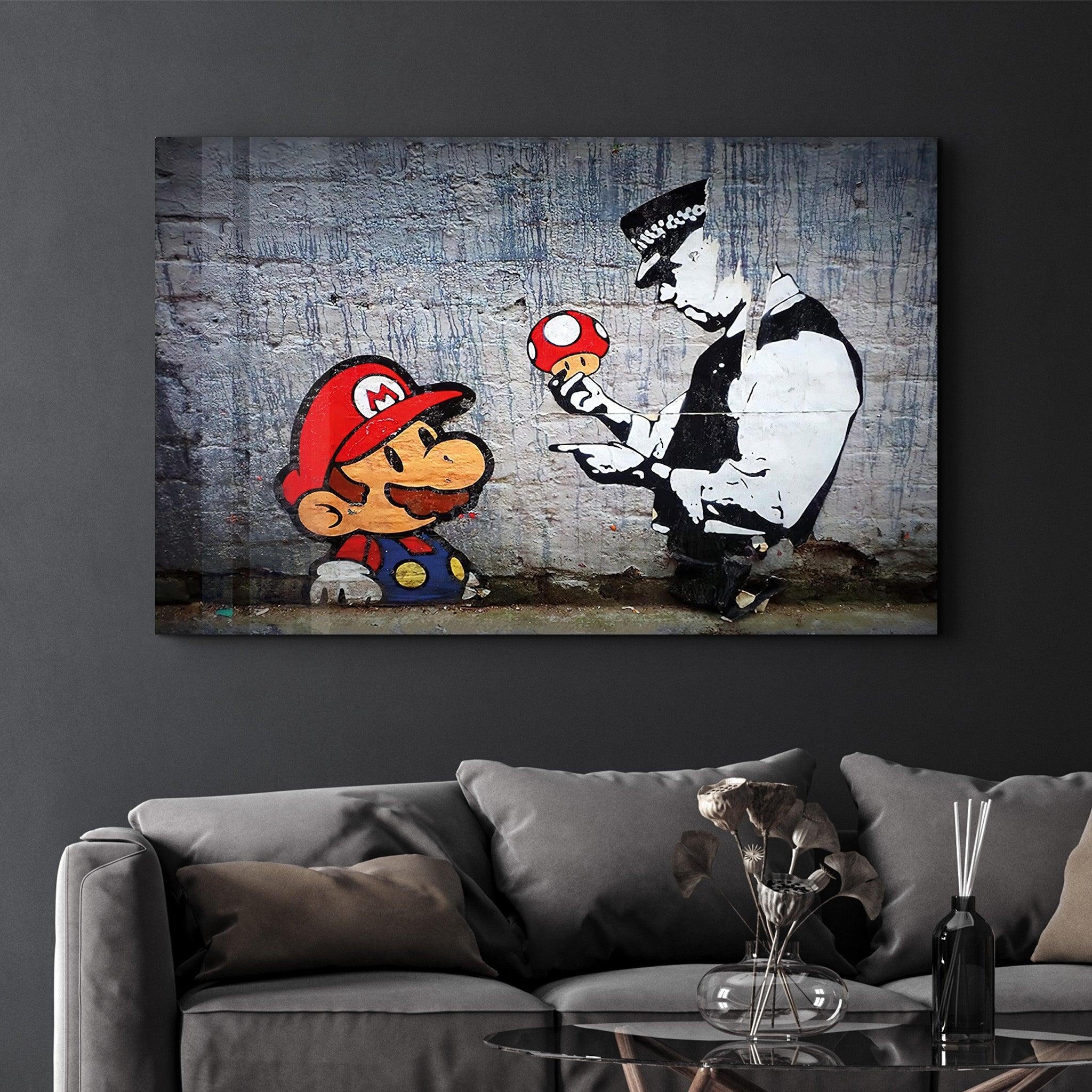 Banksy - Mario with a Policeman | Glass Wall Art - ArtDesigna Glass Printing Wall Art