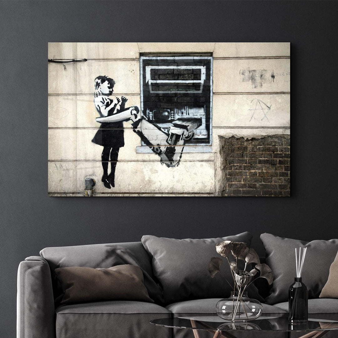 ・"Banksy - Cash Machine Girl Graffiti"・Glass Wall Art - ArtDesigna Glass Printing Wall Art