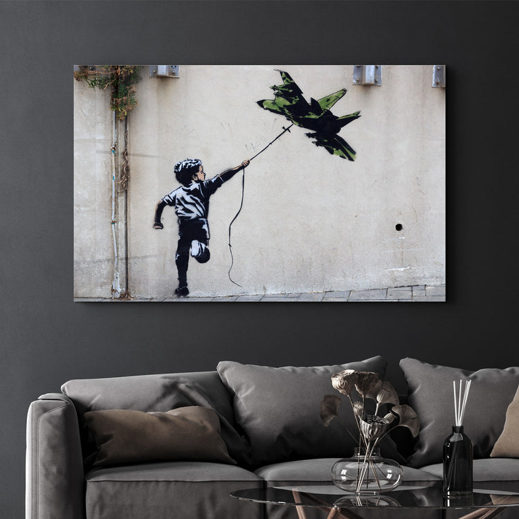 ・"Banksy - fighter jet kite"・Glass Wall Art - ArtDesigna Glass Printing Wall Art