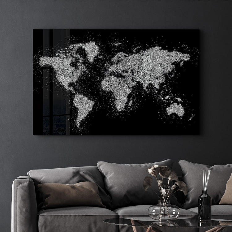 ・"World Map In Silver"・Glass Wall Art - ArtDesigna Glass Printing Wall Art