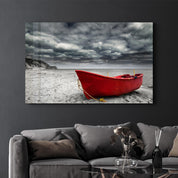 Red Sailing Boat | Glass Wall Art - Artdesigna