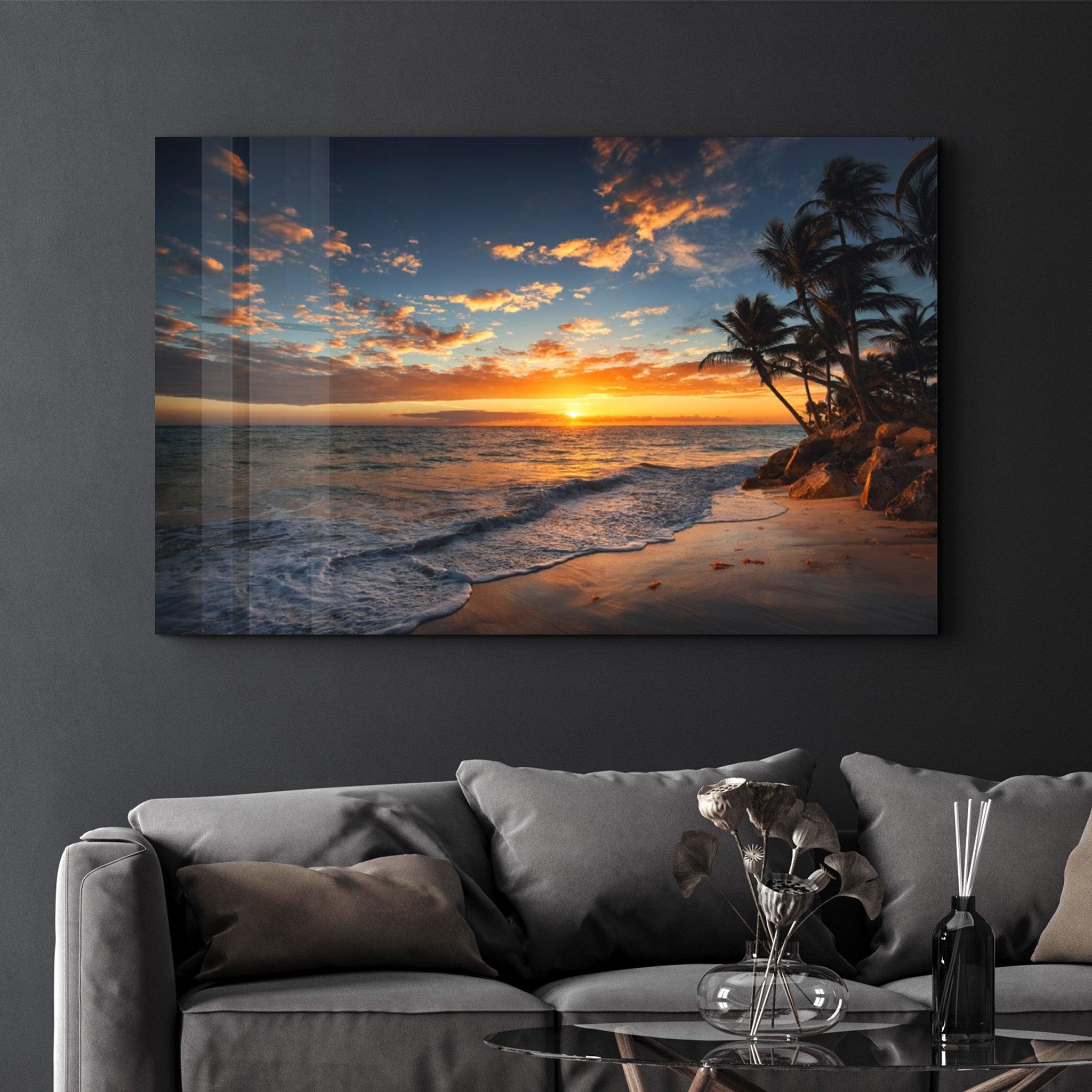 Golden Horizon: Tranquil Shores | Glass Wall Art - Artdesigna