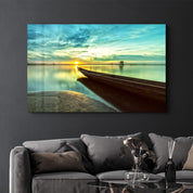 Kayak and Sunset on the Beach | Glass Wall Art - Artdesigna