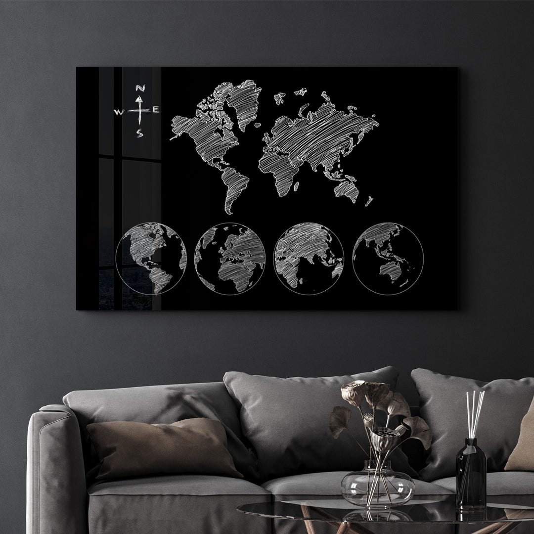 ・"World Map Black-White"・Glass Wall Art - ArtDesigna Glass Printing Wall Art