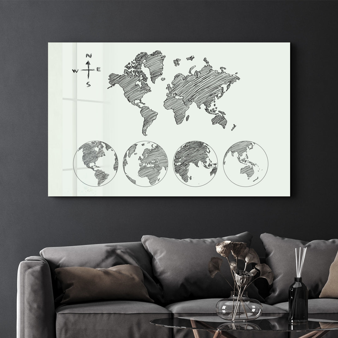 ・"World Map White-Black"・Glass Wall Art - ArtDesigna Glass Printing Wall Art